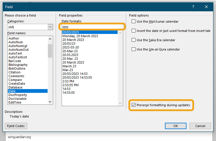A dialogue box in Microsoft Word showing various fields like 'Date' which one can edit and format.