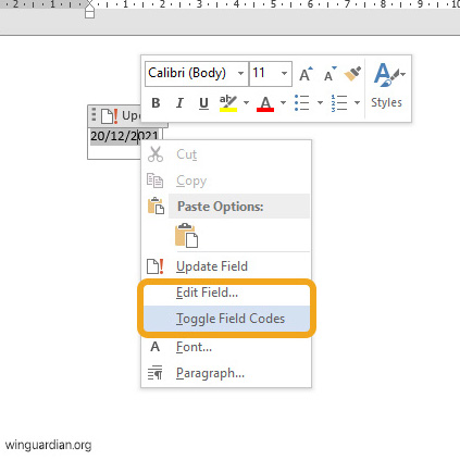 A context menu from right-clicking a date element or object in Microsoft Word.