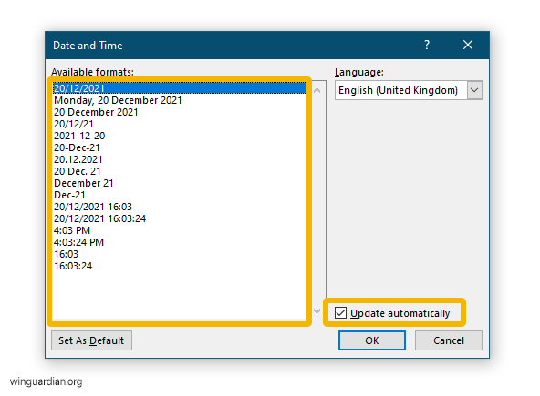 A dialogue showing available formats for date & time element in Microsoft Word