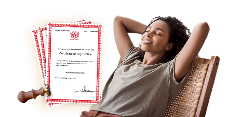 Woman relaxing next to Ghana business or company certificates